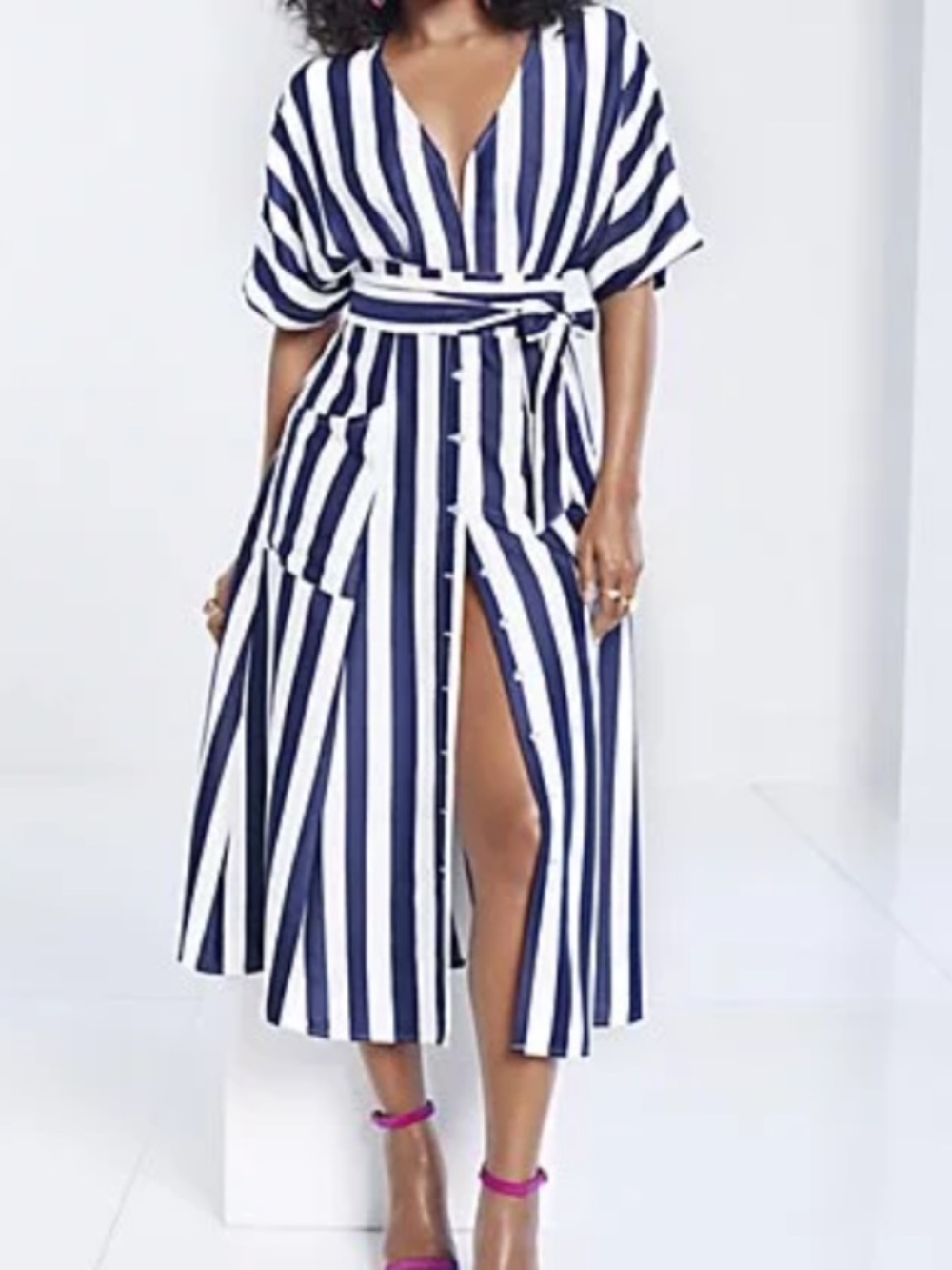 Navy and White Vertical Stripe Wrap Midi Dress